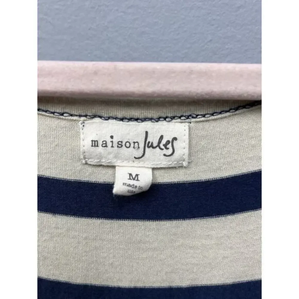 Maison Jules‎ Womens medium Tan Blue Stripes Sleeveless Knee Length Dress button